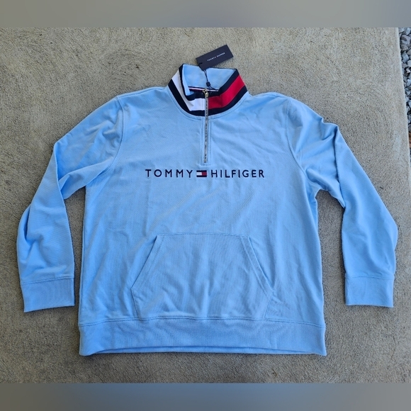 Nwt Mens XL Tommy Hilfiger Quarter Zip Hoodie Light Blue Collar Logo Sweatshirt - Picture 1 of 5